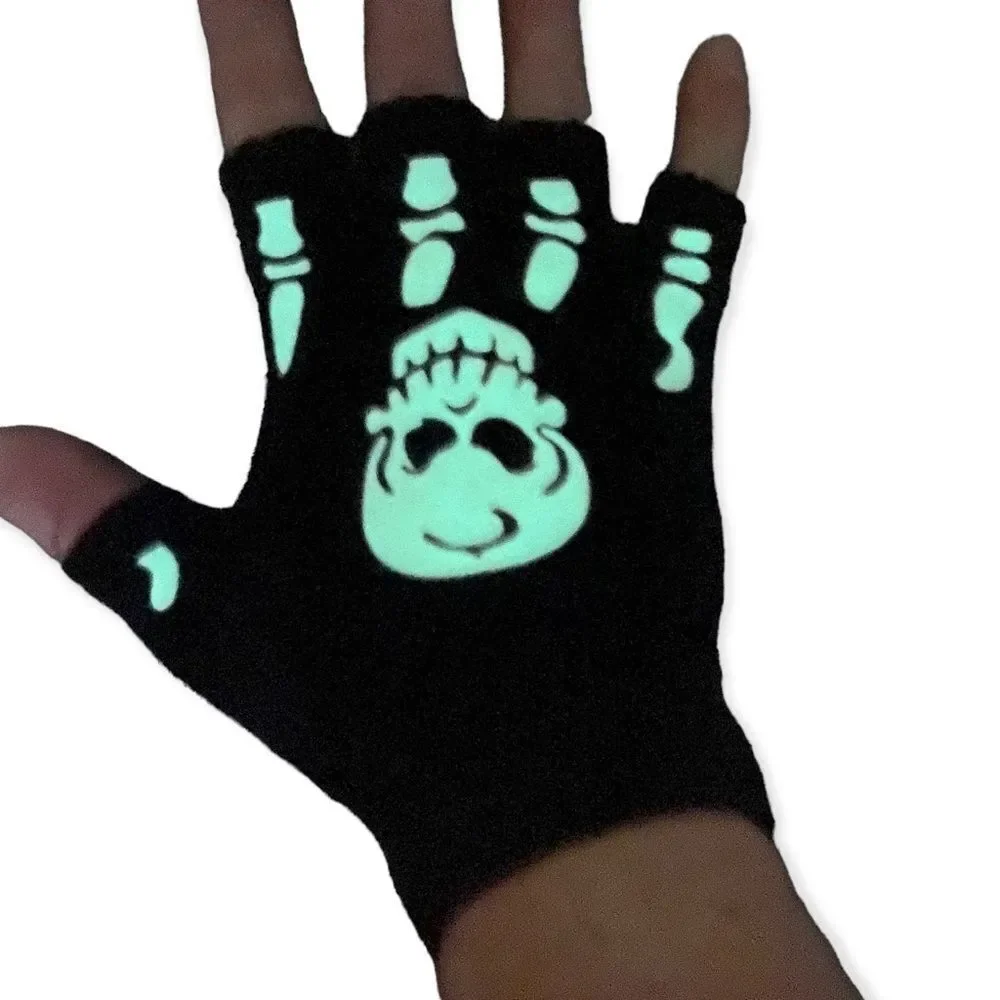 Raves Glow In The Dark Skeleton Bones Black Knit Arm Warmers Gloves NEW